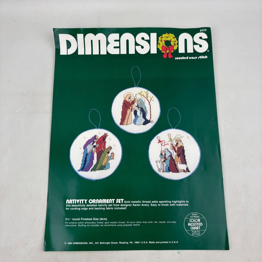 Dimensions Nativity Ornament Set Cross Stitch Kit 8322‎ Karen Avery 1984 Vintage